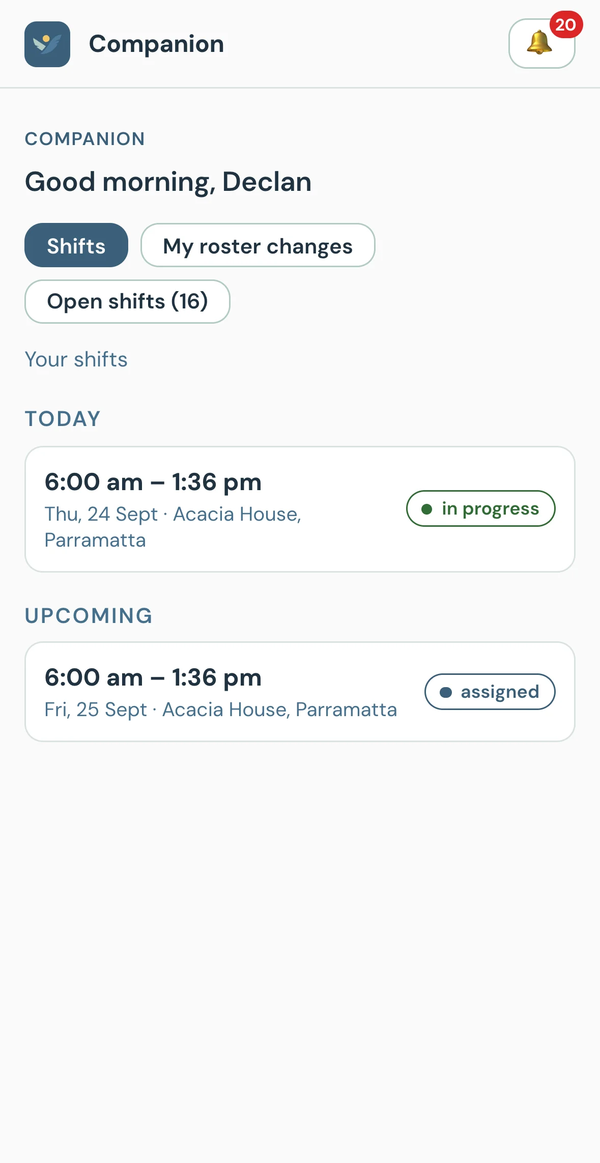 Support worker app showing today's shift in progress, an upcoming shift and open shifts